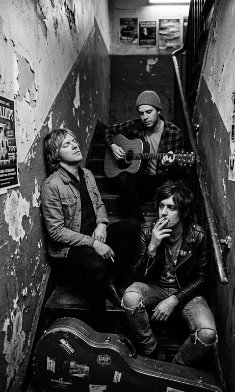 Band members playing acoustic guitar on a staircase